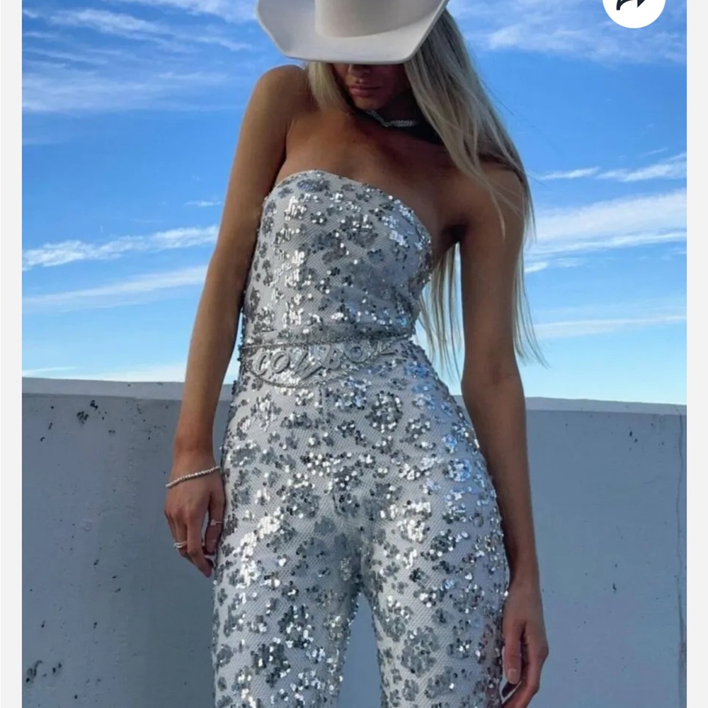 12th Tribe Silver Sequin Strapless Jumpsuit Small - Picture 4 of 6